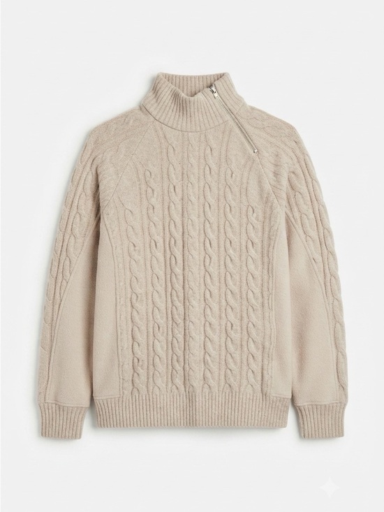 Zara Sweaters - Zara Beige Cable Knit Wool Blend Mock Neck Zip Pullover Sweater Size L